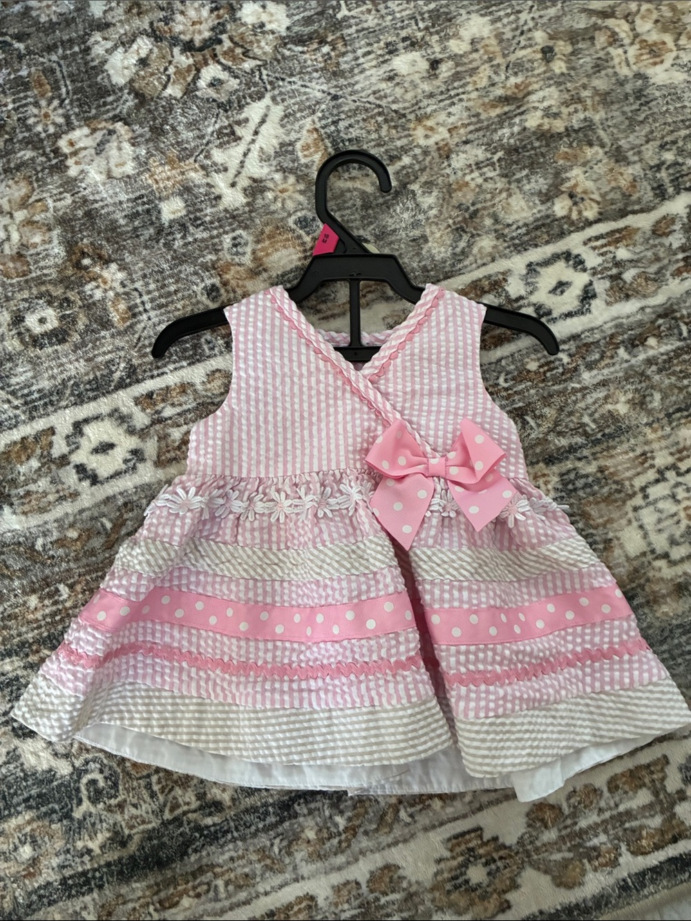 Bonnie Baby Pink and White Striped Polka Dot Bow Dress